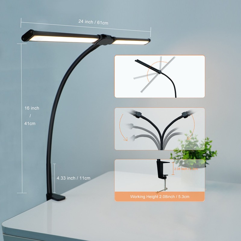 Double Head LED Desk Lamp 3 Colors Stepless Dimmable Flexible