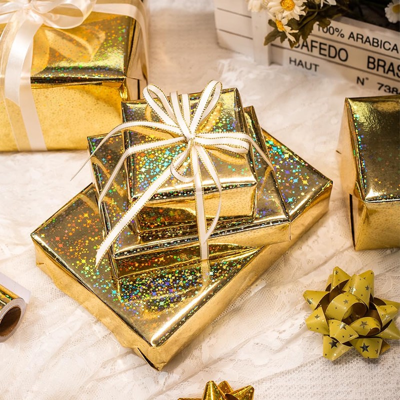 Yarcony Gold Wrapping Paper Roll, Holographic Space Wrapping Paper -