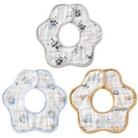 Hapipana Baby Bib, 100% Cotton, 8-ply Gauze, Petal Shape, 360° Rotation, Double-Sided, Soft, Large Size, Celebration Gift, animal