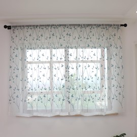 SLOW SOUL 2 Panels Teal Embroidered Leaves Sheer Curtain Faux Linen Semi Sheer Voile Window Curtains Drapes for Bedroom Living Room Rod Pocket 52W X 72L inch