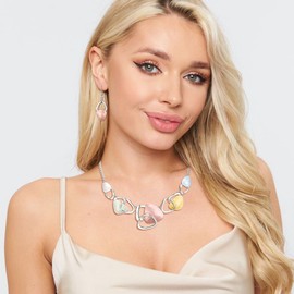 Flyonce Enamel Irregular Triangle Bohemian Boho Costume Jewelry Sets for Women, Fashion Statement Pendent Necklace Earring Set Holiday Gifts for Lady Multicolor Silver-Tone