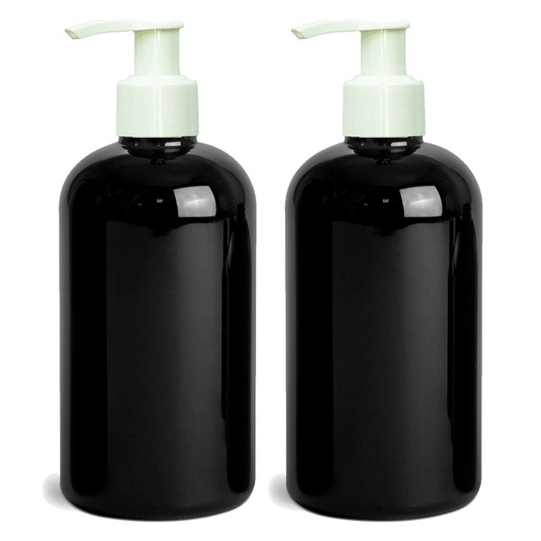 Grand Parfums EMPTY 16 Oz BLACK Plastic Soap Dispenser Bottles with White Lotion Pumps, for Gel, Soap, Shampoo, Body Lotion, Cream, Refillable (2 Bottles)