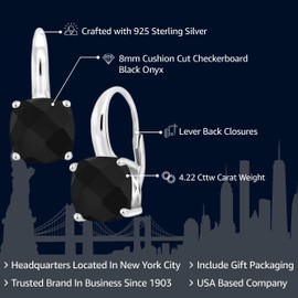 Gem Stone King 925 Sterling Silver Black Onyx Earrings For Women (4.22 Cttw, Gemstone Birthstone, Cushion Checkerboard Cut 8MM)