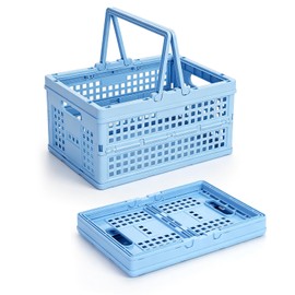 Carperipher Plastic Storage Basket,15L Collapsible Milk Crate with Handle,Foldable Shopping Basket for Camping, Picnic,Car Trunk
