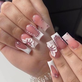 24 Pcs Acrylic Press on Nails - Medium Long Square Ballet Shape French Tip Pink False Nails Art with Flower Rhinestones, Glue On Nail Designs Reusable False Nails for Women, White Pink Flower Diamond