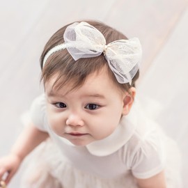ICKEYOU Baby Girls Bow Lace Headband Cute Soft Hairband White Butterfly Knot Headbands for Newborn Infants Toddlers Kids Christening Baptism Party Hair Accessories (Style 2, Elasticity)