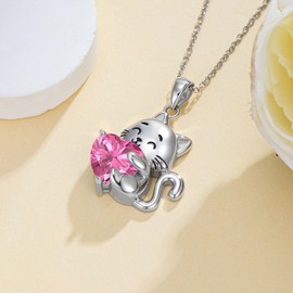 FYBIOD Birthstone Cat Necklace Sterling Silver Cute Cat Pendant Necklace with October Birthstone for Women Jewelry Gift Birthday Gift for Her