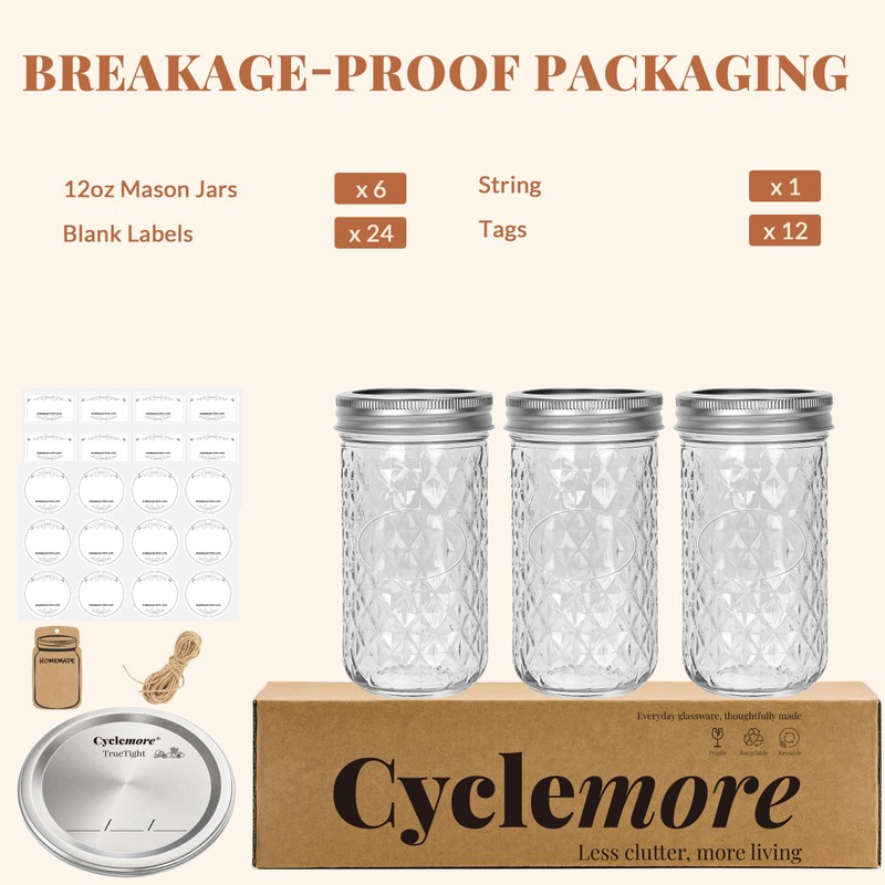 12oz Mason Jars, 6 Pack Regular Mouth Glass Jars With