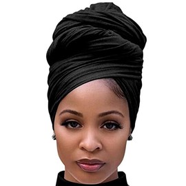 Long Soft and Stretchy Headwrap,Breathable Large Turban Hair Jersey Scarf (Black, One size)