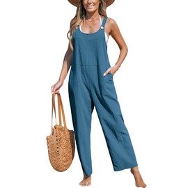 CUPSHE Women's Jumpsuit Scoop Neck Sleeveless Wide Leg Long Playsuit with Pockets Casual Loose Overalls Trouser Suit, blue, M