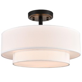 DIRYZON 3-Light Semi Flush Ceiling Light, Modern Fabric Ceiling Lighting Fixture,Black 2 Tier Drum Ceiling Light for Living Room Bedroom Hallway