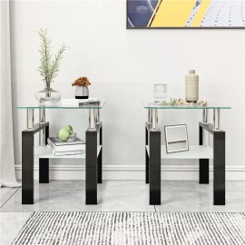 Unbranded Modern Set of 2 Tempered Glass 2 Layer Tea Table Coffee Table & Square End Table - Transparent