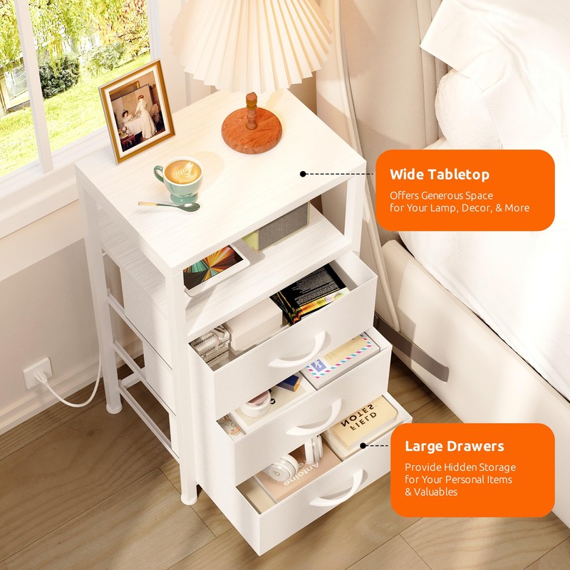Lazzanto NightStand Bedside Charging Table Bedroom - White Night Stand