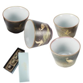Orenic Crane Pattern Japanese Tea Set for 4, Vintage Chinese Hand Painted Gold Kung Fu Small Tea Cup, Unique Chinese Tea Set Gift Box Set for Adults/Tea Lovers/Women/Men(Four Seasons of Joy)