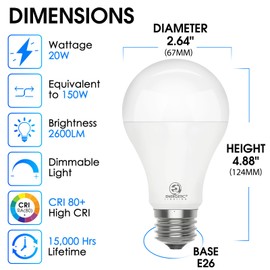 2 Pack 150 Watt Equivalent LED Bulb, Dimmable Super Bright Light Bulb 2600LM, Soft White 2700K, A21 LED Light Bulb, E26 Standard Base, UL Listed, Damp Rated, LED Bulb for Living Room Bedroom Home