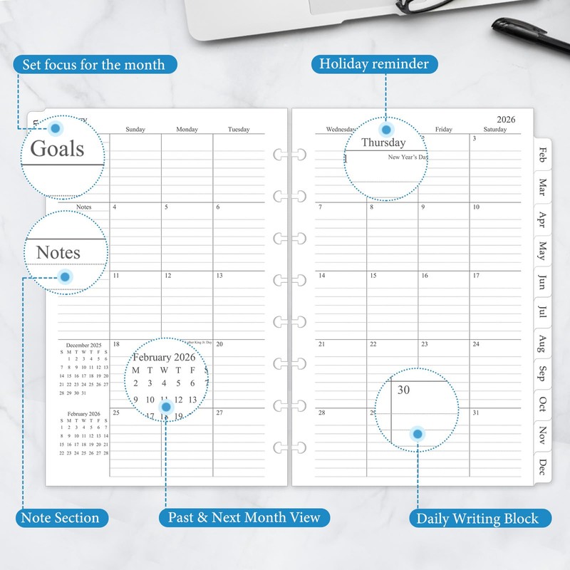 2025 Monthly Planner Refill - 12 Calendars With Tabs for