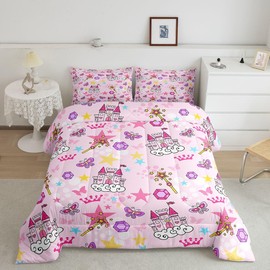 Manfei Watercolor Oil Paint Pink Bed Comforter Set Queen Size,Pink Girl Bow Super Soft Microfiber Bedding Set for Adults Teens,Princess Castle Comforter Set,2 Pillowcases