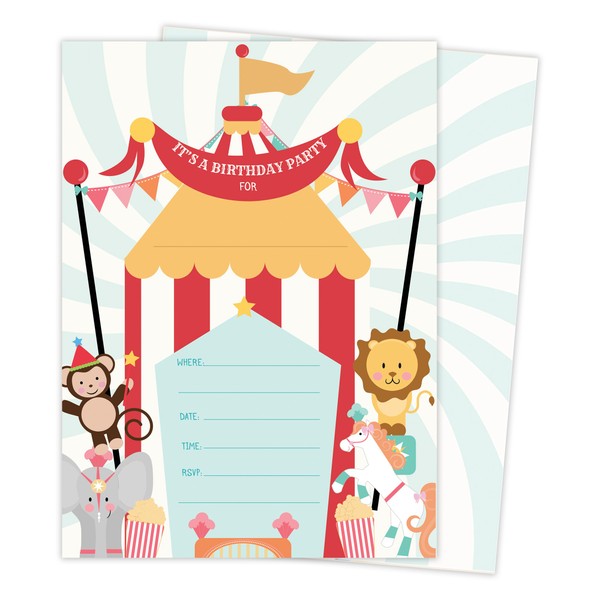 Carnival Circus Invitations Invite Cards (25 Count) with Envelopes and Seal Stickers Boys Girls Kids Party (25ct)