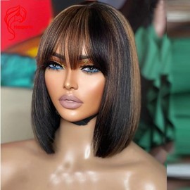 Jnymell Ombre Highlight Short Bob Human Hair Wigs with Bangs Brazilian Highlight 1BT30 Color Straight Bob 13x4 HD Transparent Lace Front Human Hair Wigs 150% Remy Short Bob Straight Hair Wig 8Inch