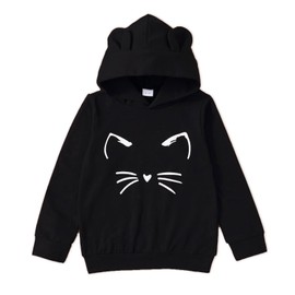 PATPAT Girls Hoodie Cute Cat Ear Pull Over Long Sleeve Graphic Hoodie Preppy Clothes for Girls 8-9 Years Black