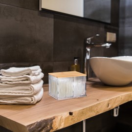 Relaxdays Cotton Buds Storage, Acrylic, Bamboo, Box with Lid, Small Ear Sticks Dispenser Bathroom, Transparent/Natural