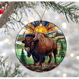 GreenStar Gifts Buffalo Stained Glass Ornament Ceramic, Merry Christmas Ornament, Majestic Bison Decoration, Keepsake Christmas, Colorful Buffalo Ornament Printed on Both Sides