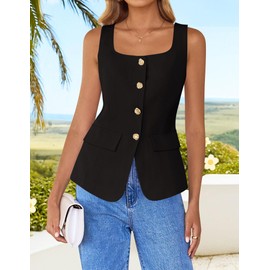 ZESICA Women's 2025 Summer Casual Sleeveless Suit Vest Square Neck Button Down Work Business Blazer Vests Waistcoat,Black,Medium
