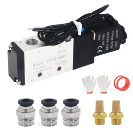 GCESSOIRY 1/4 Inch NPT Solenoid Valve, 4v210-08 DC 12V Single Coil Pilot-Operated, 2 Position 5 Way Connection Outlet Wire, with 3 Fittings, 2 Silencers, and 1 Tape