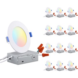 TORCHSTAR 12-Pack 5CCT 4 Inch Ultra-Thin LED Recessed Lighting with Junction Box, CRI90, Aluminum, 2700K3000K3500K4000K5000K, 5%-100% Dimmable Slim Recessed Downlight, 9W 810LM, ETL & ES