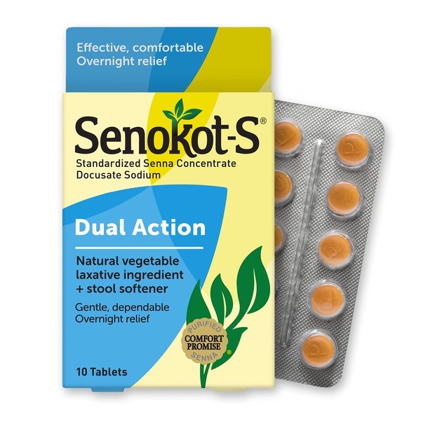 Senokot-S Dual Action Natural Vegetable Laxative Ingredient Plus Stool Softener Tablets, Docusate Sodium, Senna Concentrate, Gentle, Overnight Relief From Occasional Constipation, 10 ct