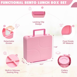 JSLOVE Bento Lunch Box with Leak Proof Thermos Food Jar for Kids, Food Lunch Containers for Girls with 4 Compartments, BPA-Free with Utensils, Food Picks, Sauce Jar & Silicone Lunch Box Dividers