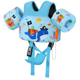 MoKo Toddler Swim Vest for Kids, Swim Arm Floaties 15-30 lbs Cartoon Swimming Water Wings with Crotch Strap, Pool Float Vests Sleeves Shoulder Straps Arm Band for Children, Blue Pirate Whale