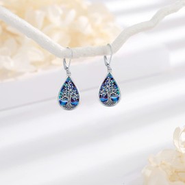 LOOVE Tree of Life Earrings Sterling Silver Filigree Teardrop Dangle Dangling Leverback Earrings for Women Abalone Shell Tree of Life Jewelry