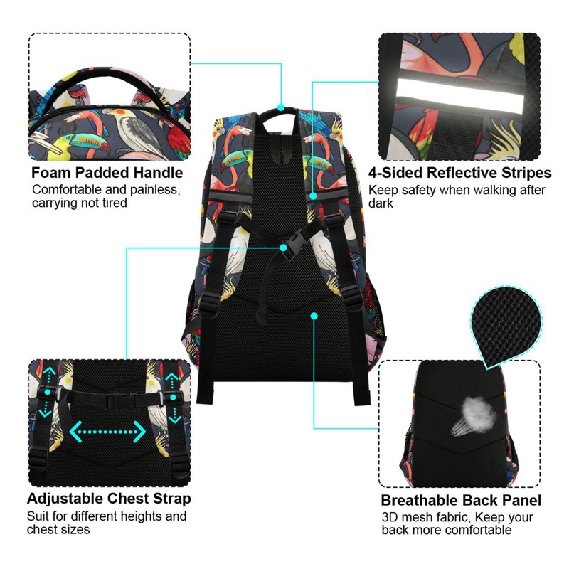 JHKKU Kids Backpack for Boys Girls Bookbags Colorful Exotic Birds