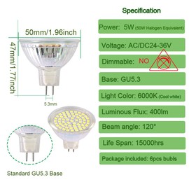ukzboss mr16 led Light Bulb 24v 36v gu5.3 5W 6000K Daylight White led spot Light lamp Bulb Equivalent to 50w Halogen Bulb for lanscape Light Fixture (24-36V Non-dimmable 6000K)