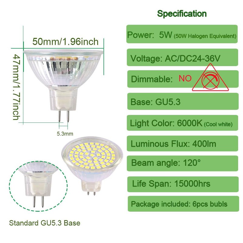ukzboss mr16 led Light Bulb 24v 36v gu5.3 5W 6000K