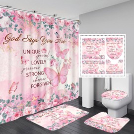 Mocsicka Pink Butterfly Shower Curtain Set for Bathroom, 4Pcs Butterfly Bathroom Sets with Non Slip Rugs, Toilet Lid Cover, Bath Mat, Shower Curtain, Bathroom Decor with 12 Hooks (Pink)