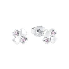 Amor 2021275 Stud Earrings 925 Sterling Silver Girls Children's Earrings with Synthetic Zirconia 0.6 cm Pink Clover Comes in Jewellery Gift Box, Silver, Cubic Zirconia