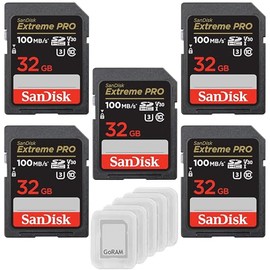 SanDisk 32GB (5 Pack) Extreme Pro SDHC UHS-I Class 10 SD Camera Card C10, U3, 4k UHD, V30 SDSDXXO-032G-GN4IN Bundle with (5) GoRAM Cases