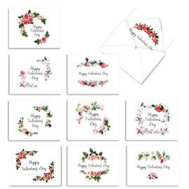 The Best Card Company - 10 Boxed Valentine Note Cards with Envelopes - Loving, Heartfelt Assorted Greeting Cards for Valentine's Day (4 x 5.12 Inch) - Elegant Flowers M4175VDG-B1x10