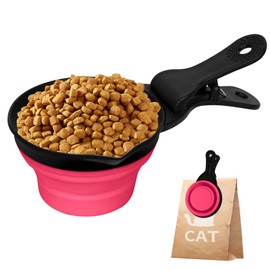 PNEUICALLY Collapsible Dog Food Scoop Foldable Pet Food Bag Clip 3 in 1 Multi-function Silicone Cat Food Measuring Cup Scoop Dog Food Scooper Pet Food Storage Clip (Rose Red, 2 Cup Capacity(1 Pack))