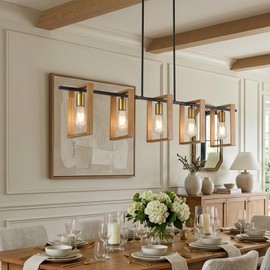 5-Light Industrial Pendant Light, Wood and Metal Chandelier, Kitchen Island Lighting, Adjustable Hanging Chandelier for Dining Room, Farmhouse Linear Chandelier for Living Room