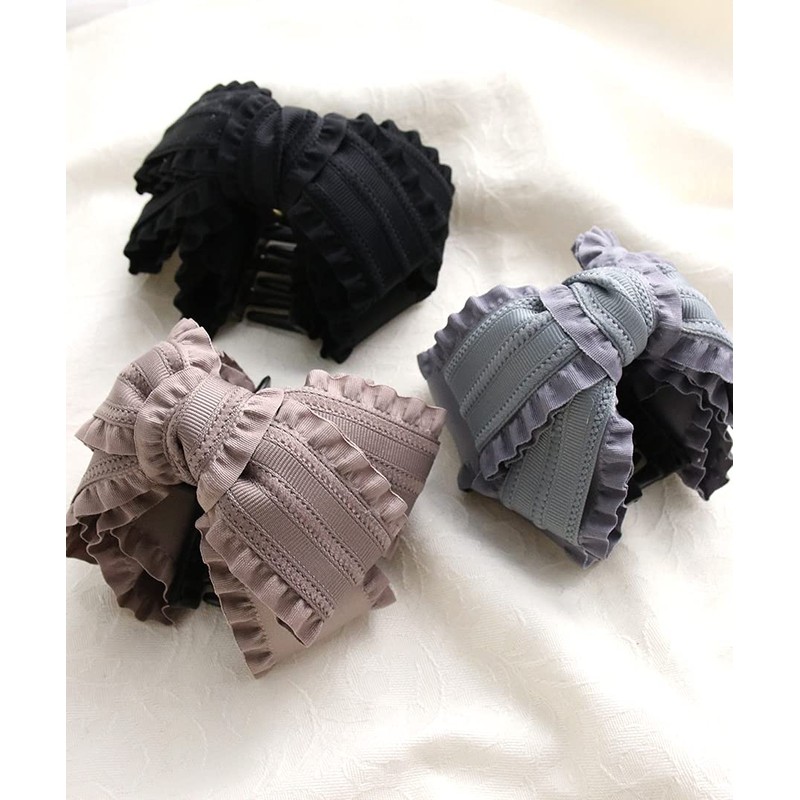 VINGTAINE H7415-BK- Ruffled Ribbon Hair Claw Hair Clip Head Access