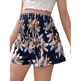 Floerns Pantalones cortos de maternidad con estampado floral fruncido de cintura alta y pierna ancha para mujer, Azul marino, XS