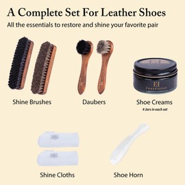 FootFitter Complete Leather Shoe Shine Refill Kit, Horsehair Brushes, Shoe Polish Creams, Microfiber Cloths & Travel Shoehorn (Classic Colors)
