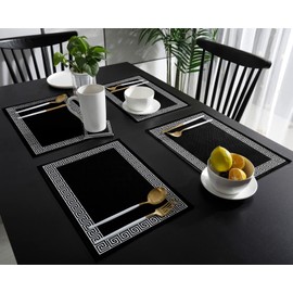 Black Placemats for Dining Table Set of 6, Cotton Linen Cloth for Square/Rectangle/Round Table Mat Placemat, Traditional Chinese Geometric Tile Pattern Kitchen Dinner Holiday Dﾃｩcor
