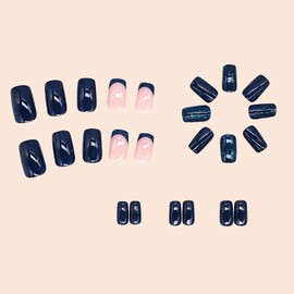 Press on Nails Medium Square False Nails Dark Blue French Fake Nails Artificial Acrylic Nails Fluorescence Powder Design Full Cover Glossy Reusable Coffin Nails Glue on Nails for Women 24Pcs