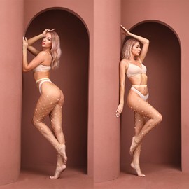 VEBZIN 2 Pack Sparkly Large And Medium Mesh Nude Fishnet Tights For Women Glitter Rhinestone Fishnet Leggings Fishnets Stockings