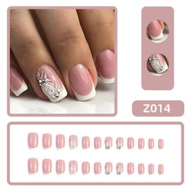 White French Tips Press on Nails Short Square Fake Nails with Flower Design Rhinestone Glue on Nails Reusable Spring Nails Glossy Summer False Nails for Women Girls Manicure 24pcs