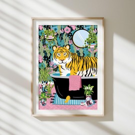 Parmaro Tiger in Bath Print, Tiger in Bathroom Print, A4 UNFRAMED Print, Animal on Toilet Print, Tiger Toilet Print, Tropical Bathroom Decor